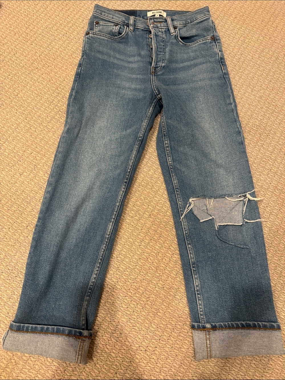 Re/Done Women’s Medium Blue Straight-Leg Jeans with Knee Distress, Cropped